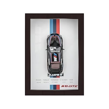 Framed model car display with BMW M8 GTE branding on a white background