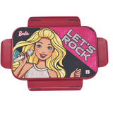 Barbie lunch box with 'Let's Rock' text and microphone illustration on a white background