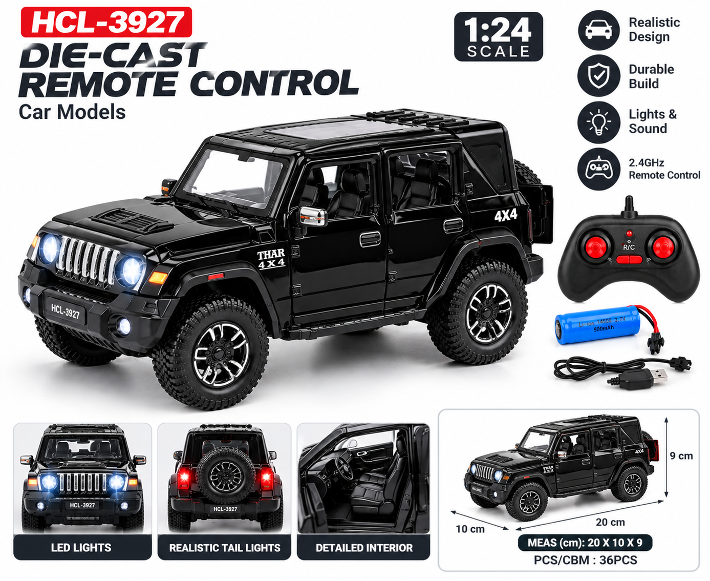 Black RC Thar, RC Car with Lights