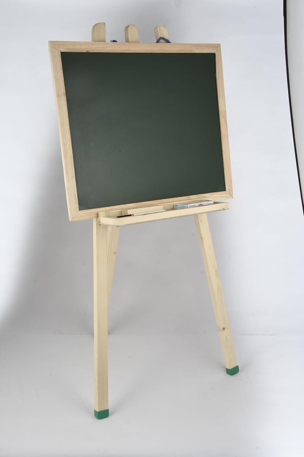 Blackboard on a wooden stand against a white background