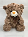 Brown teddy bear with a white nose and brown bow tie on a white background