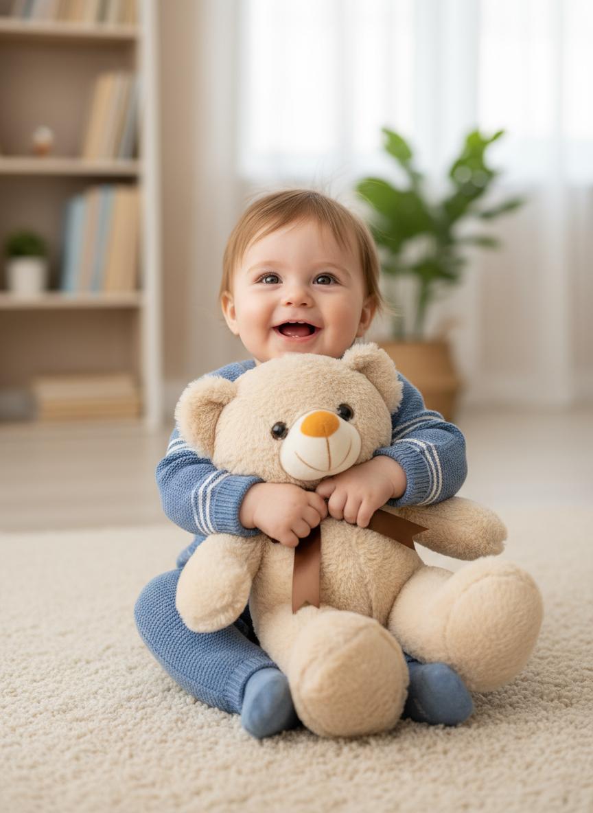 Child holding a teddy bear in a room with a bookshelf and plant