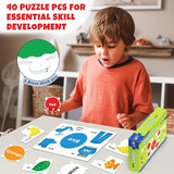 Child playing with educational puzzle pieces on a table, with text about puzzle pieces and skill development.