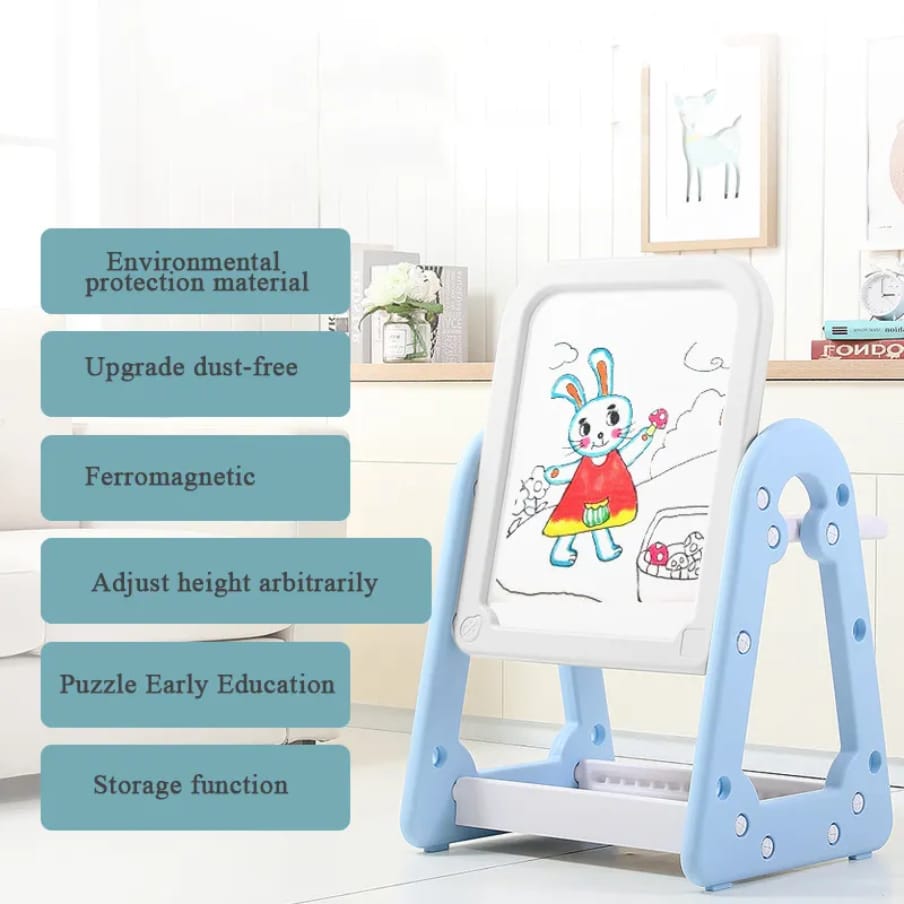 Children's drawing board with blue stand on a white surface, featuring text about material properties.