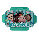 Children's lunch box with cartoon characters on a white background