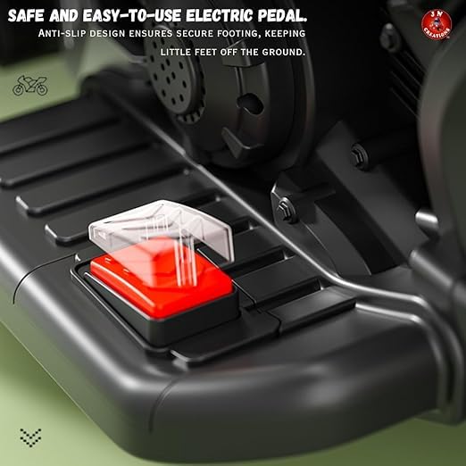 Electric pedal with red button in a car interior, featuring text about safety and ease of use.