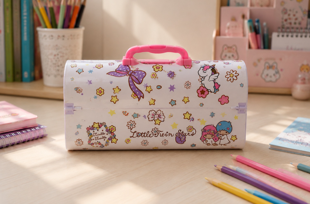 Colorful pencil case with cartoon designs on a desk with stationery items.