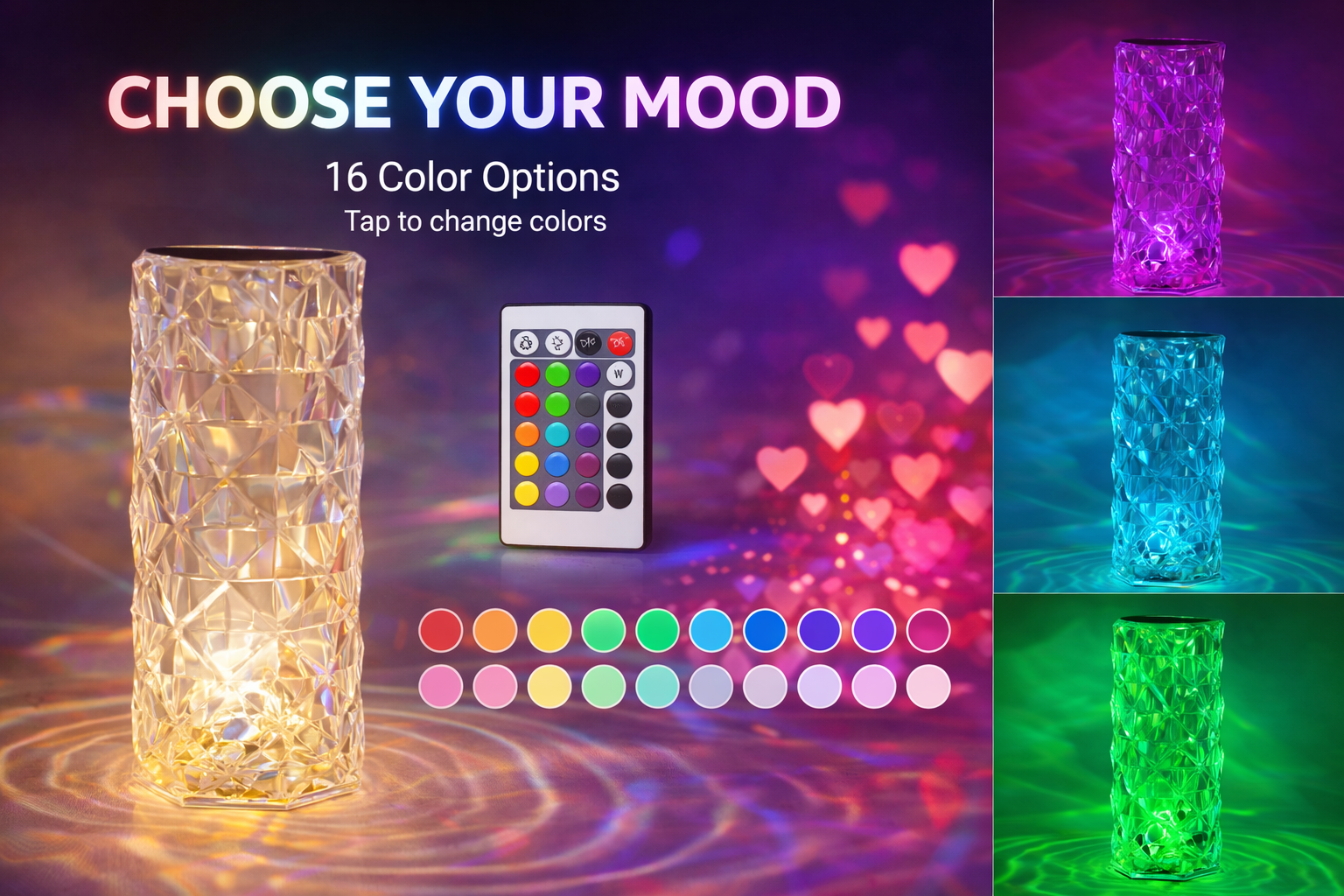 Color-changing LED lamp with remote control and 16 color options displayed on a dark background.