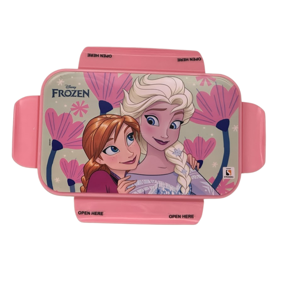 Pink lunch box with Disney Frozen characters on a white background