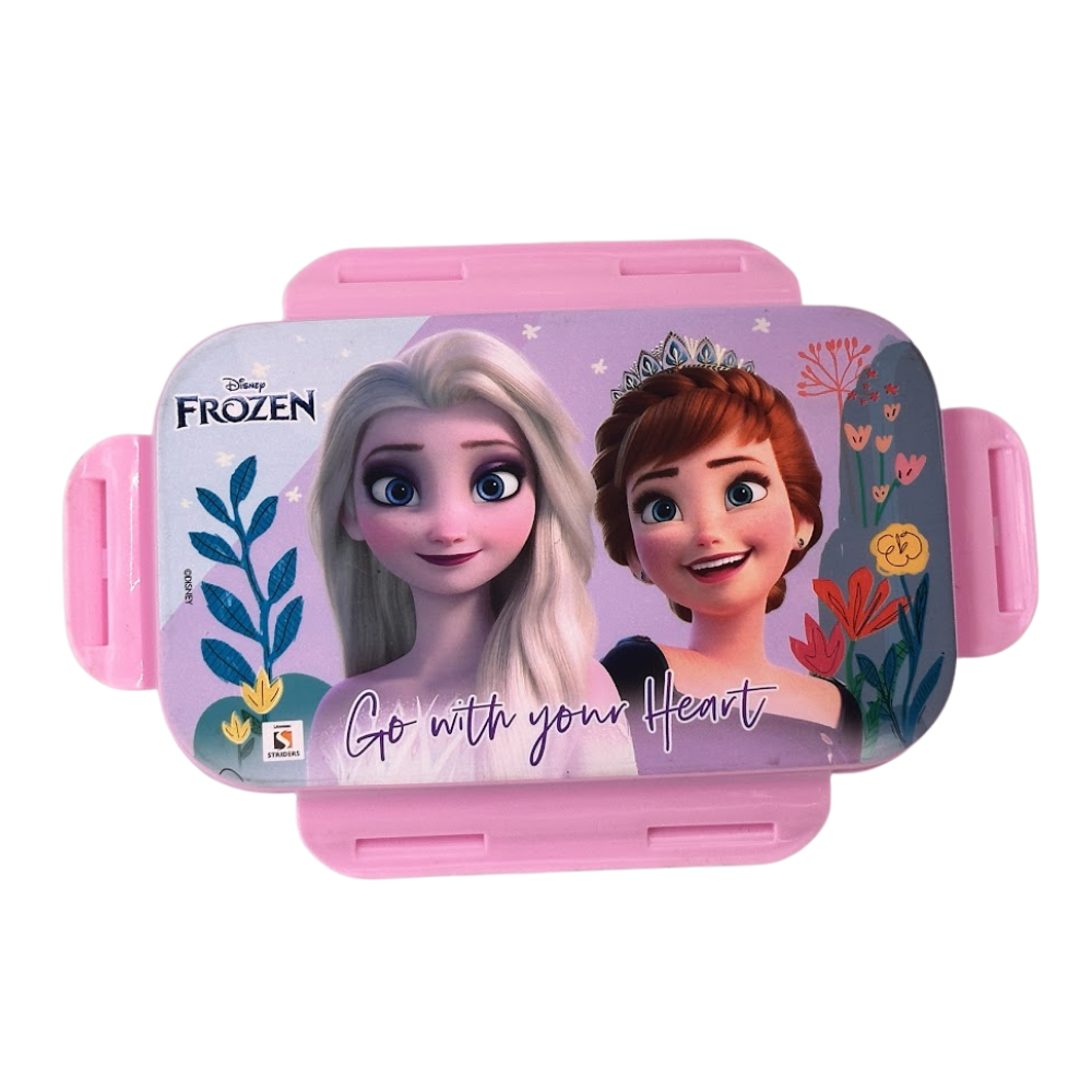 Pink lunch box with Disney Frozen characters on a white background