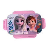 Pink lunch box with Disney Frozen characters on a white background