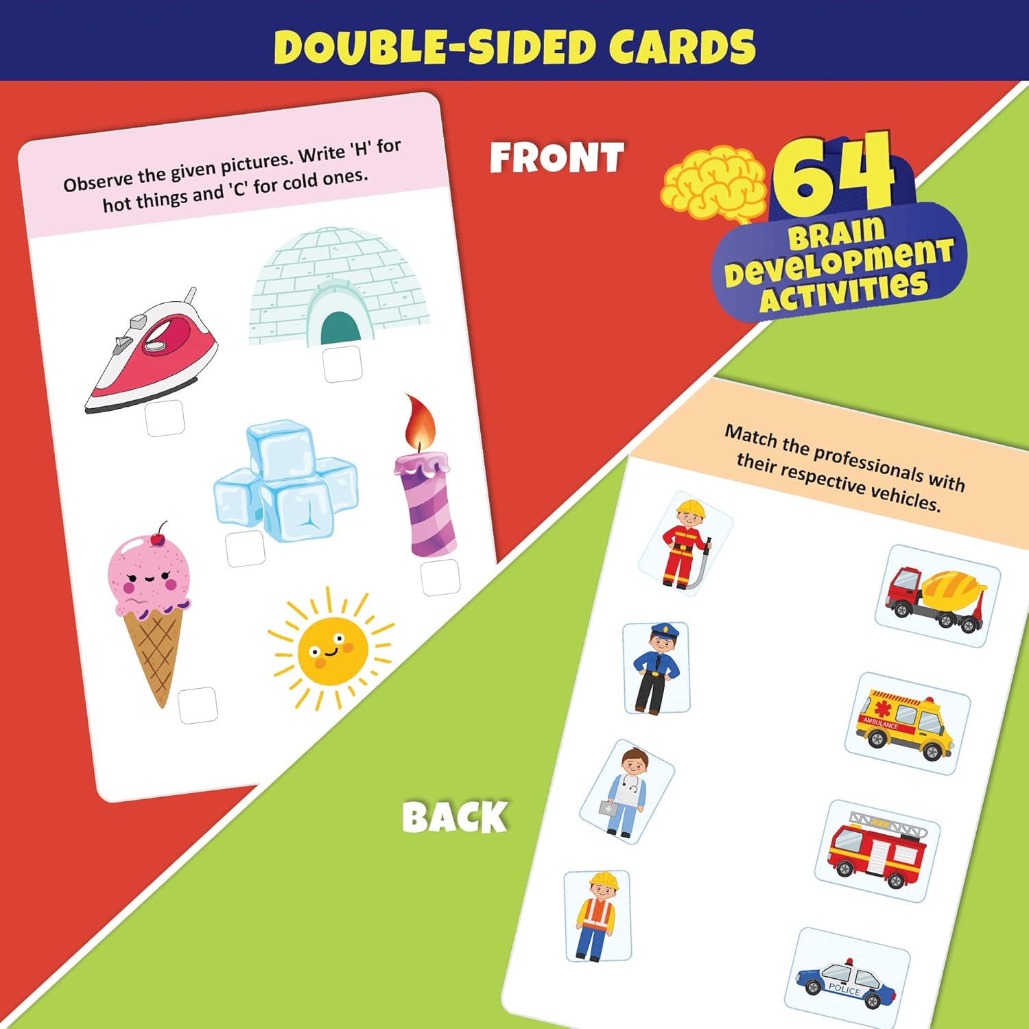 Double-sided educational cards with brain development activities on a red and green background