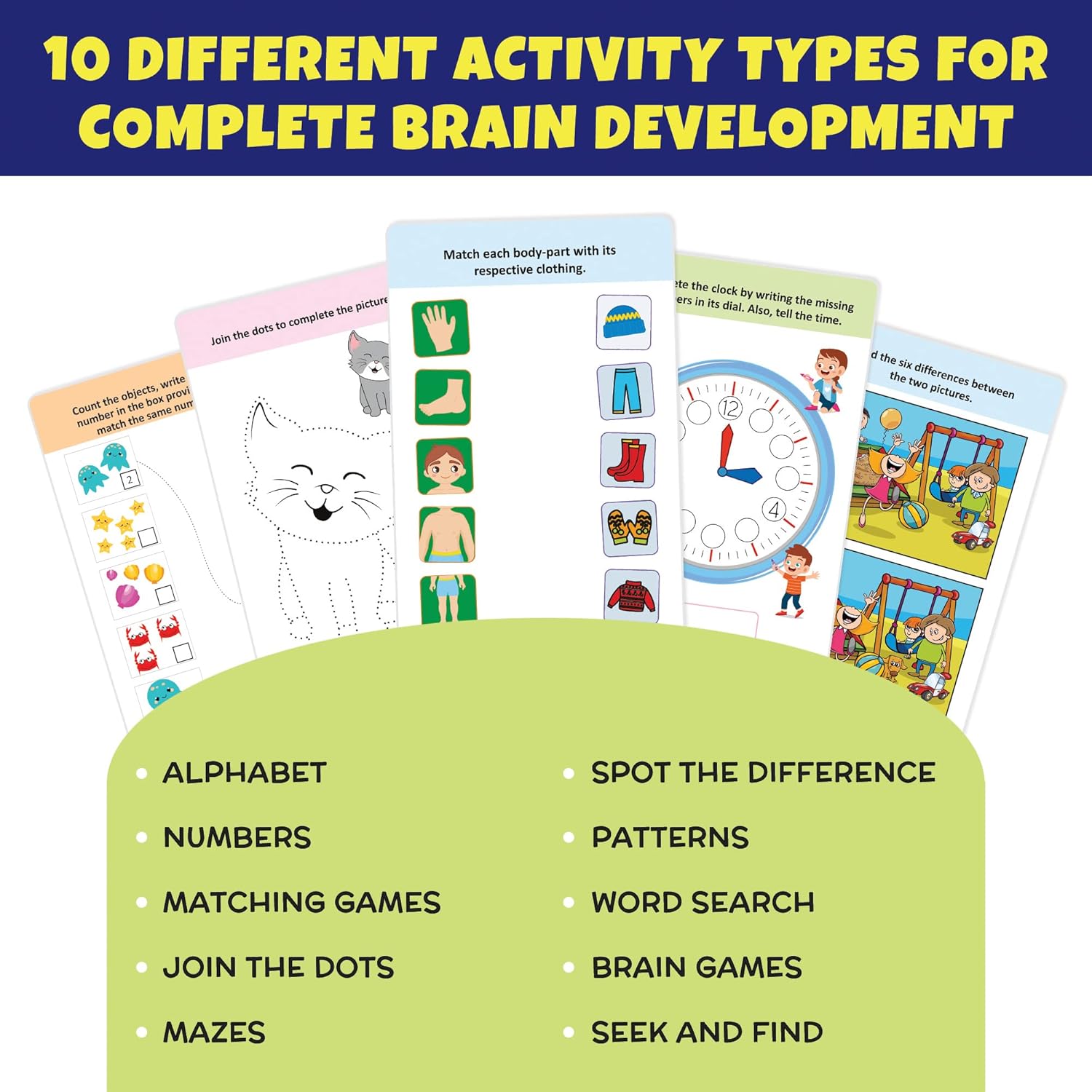 Educational activity cards for brain development with various activities listed.