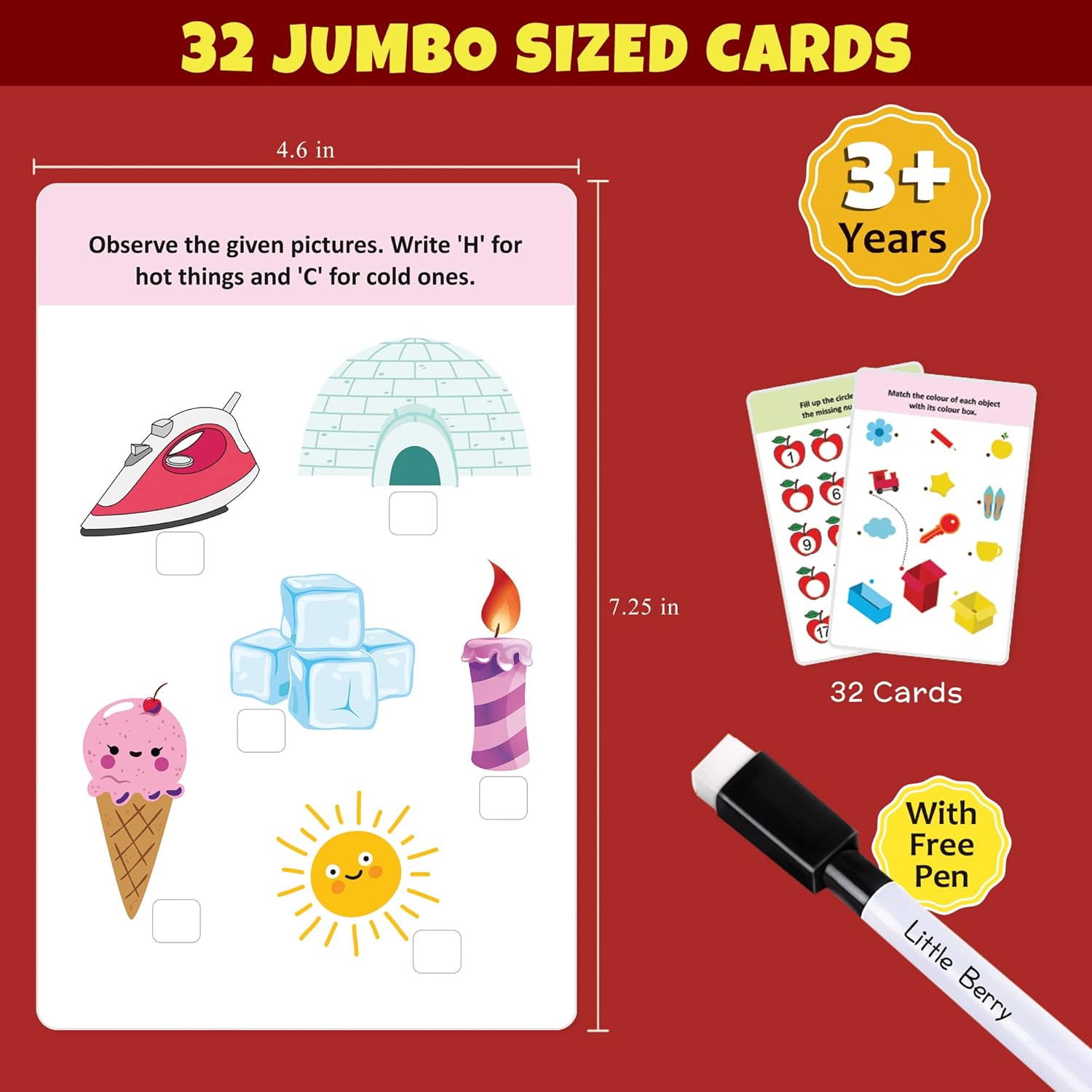 Educational card set with illustrations and text on a red background