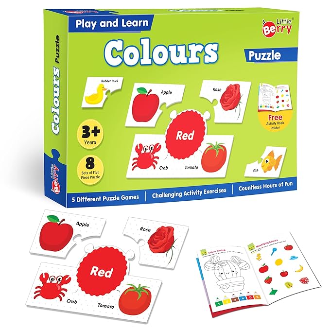 Educational puzzle game packaging for learning colors with illustrations of red objects and activities.