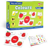 Educational puzzle game packaging for learning colors with illustrations of red objects and activities.