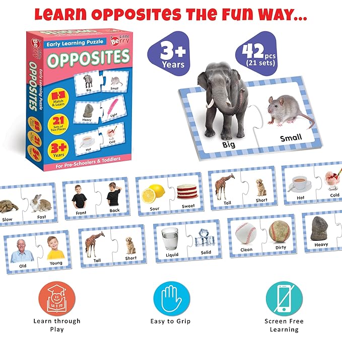 Educational puzzle set for learning opposites with packaging and pieces displayed.