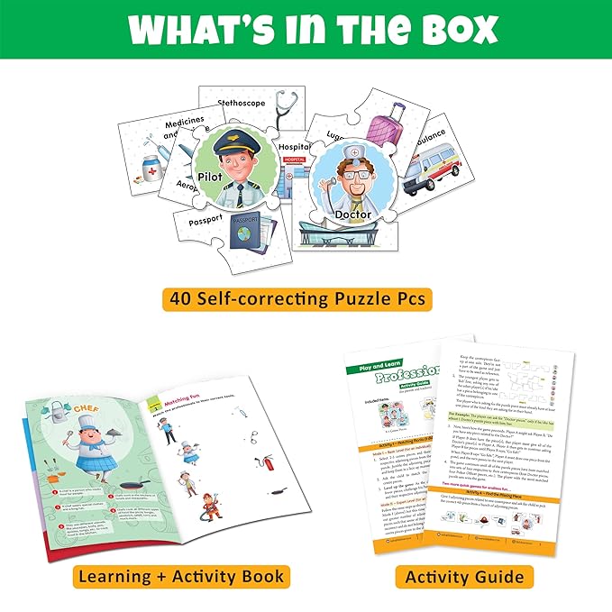 Educational materials including puzzles, a book, and a guide with illustrations and text.