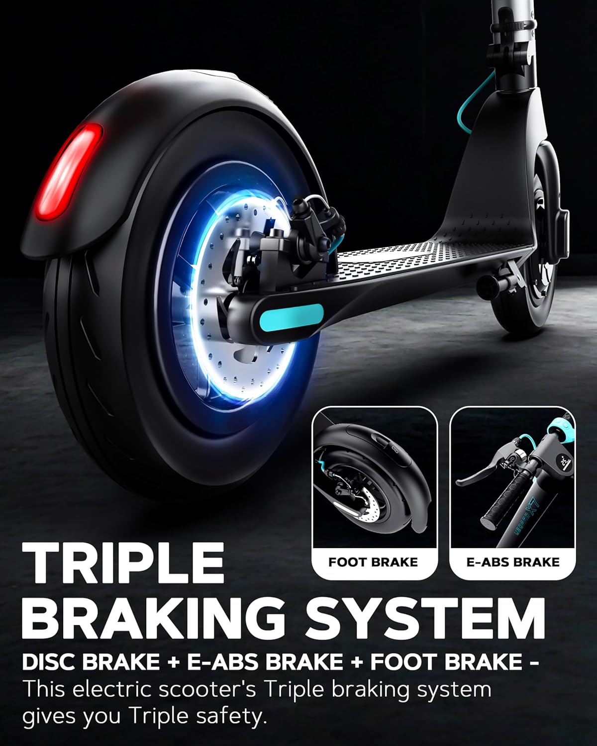 Electric scooter with triple braking system on a dark background