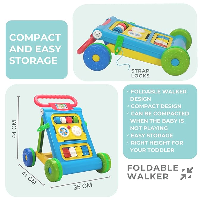Foldable walker with features highlighted on a light blue background