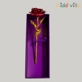 Gold and red rose in a purple box with Kiddivilla logo.