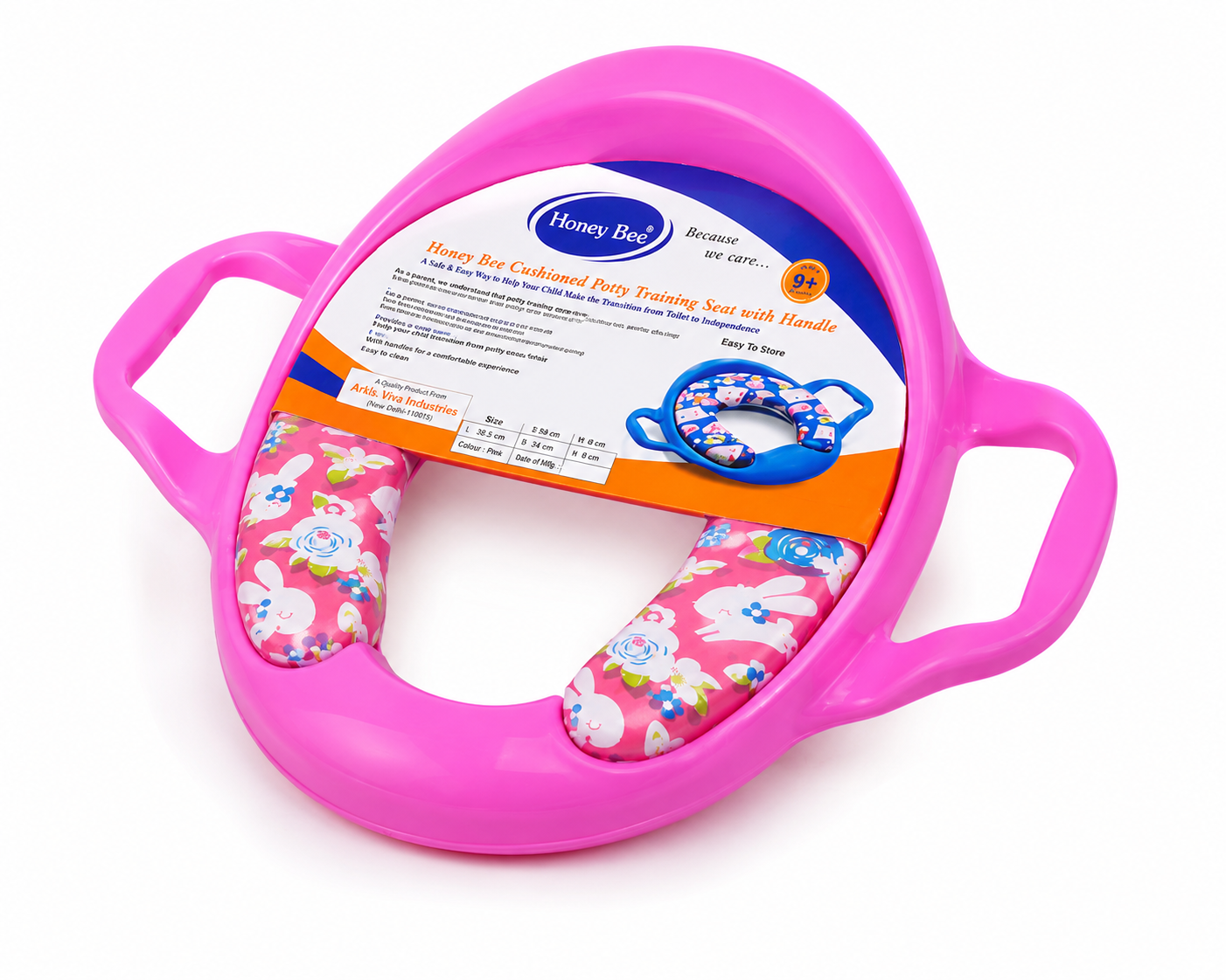 Honey Bee cushioned potty training seat with handles for toddlers in pink bunny print front angle view