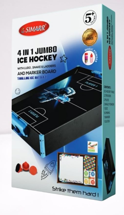 Packaging for a 4-in-1 Jumbo Ice-Hockey Game Set with Ludo, Snake & Ladder, and a whiteboard. The box displays images of the game and its components, along with text describing the product.