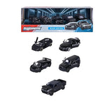 Set of black toy cars with packaging labeled 'Majorette Black Edition' on a white background.