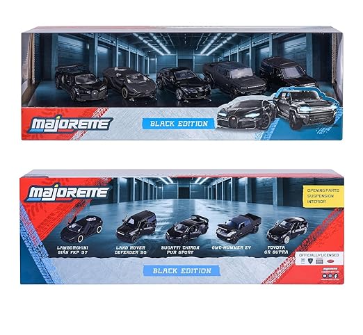 Box of Majorette Black Edition toy cars with various models displayed.