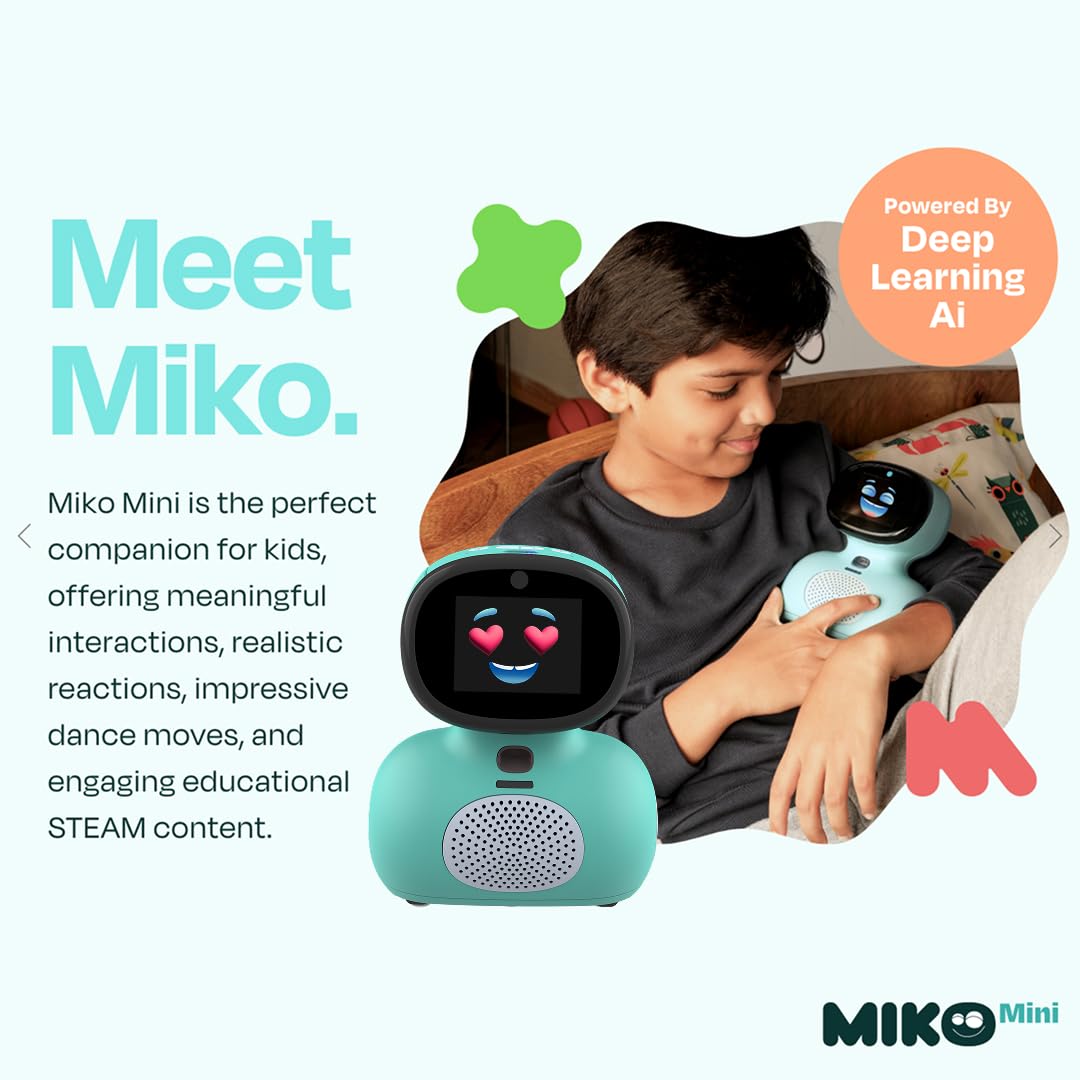 Miko robot, with text about Miko Mini's features and capabilities.