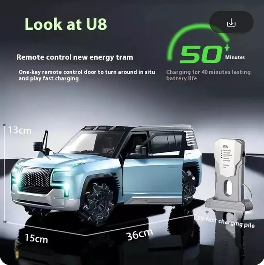 Model of a remote control vehicle with charging station and text on a dark background