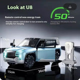 Model of a remote control vehicle with charging station and text on a dark background
