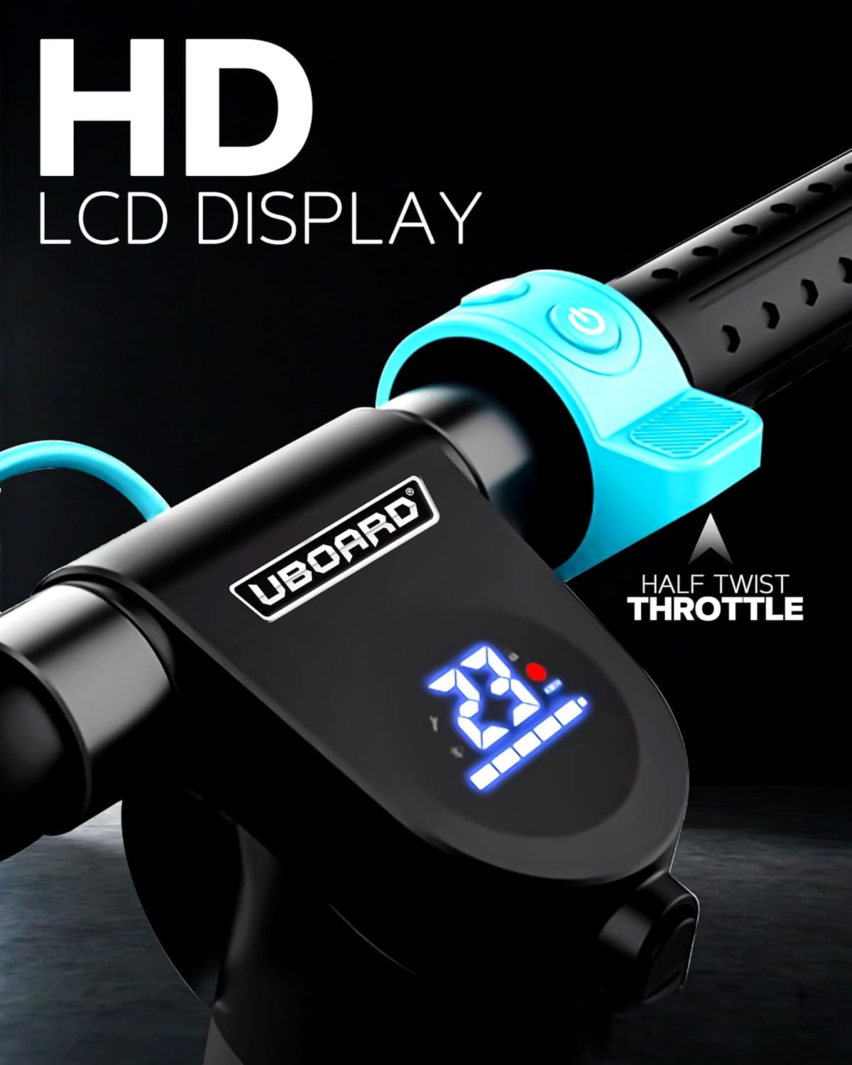 Motorcycle throttle controller with Uboard branding and digital display on a dark background