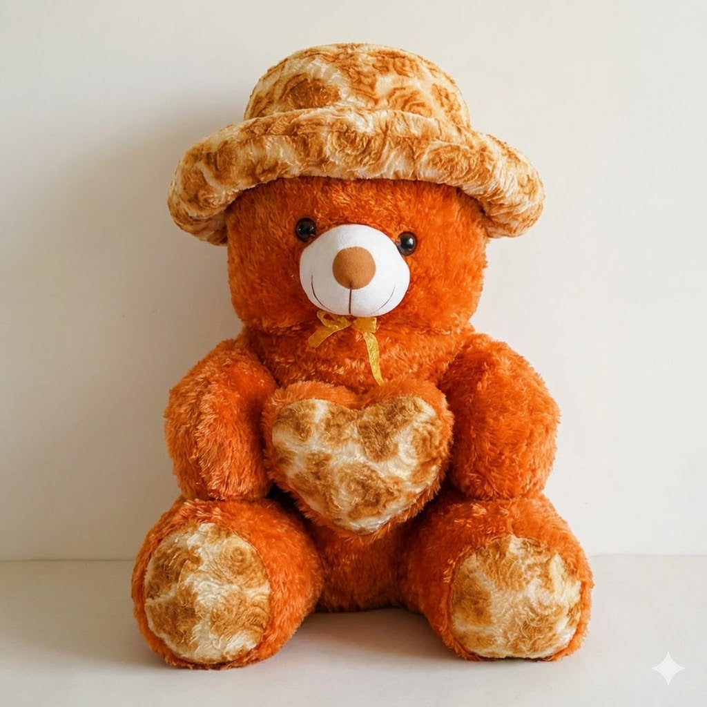Orange teddy bear with a heart, wearing a straw hat on a white background
