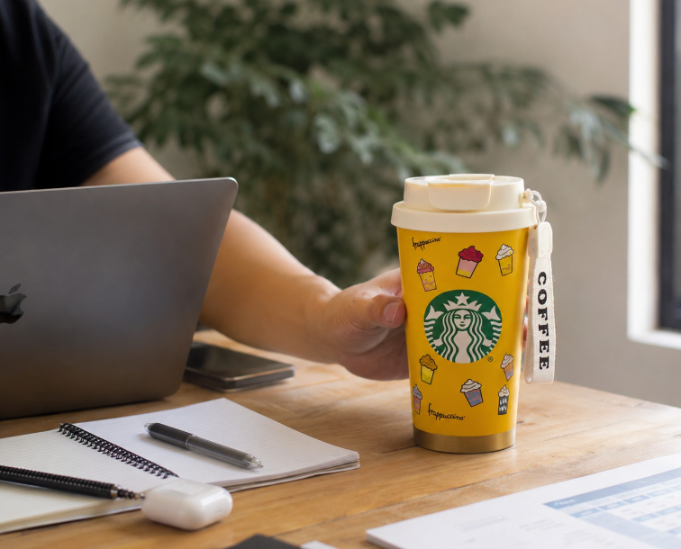 Person holding a yellow Starbucks cup with illustrations on a desk with a laptop and notebook.