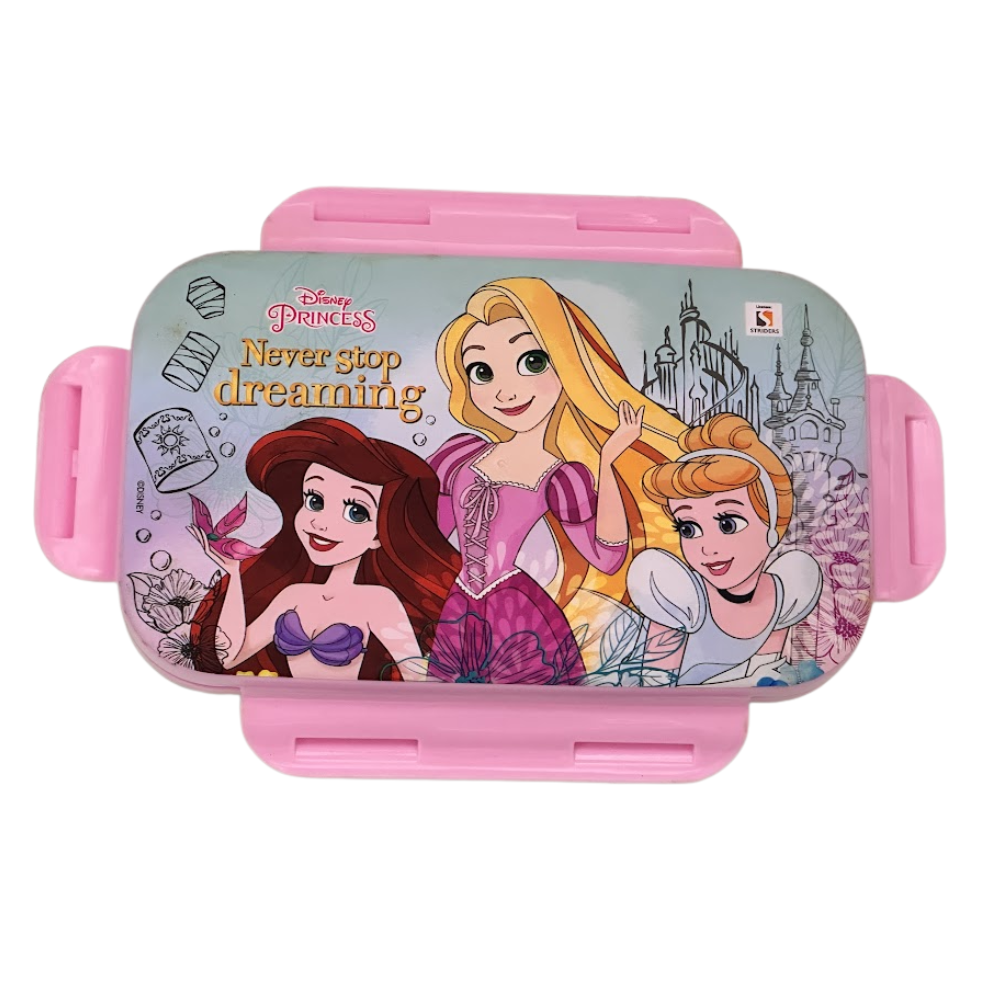 Pink Disney Princess lunch box with characters and 'Never stop dreaming' text on a white background