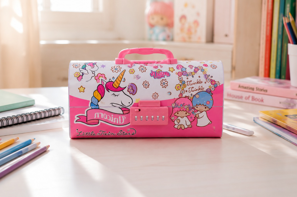 Pink pencil case with cartoon designs on a desk