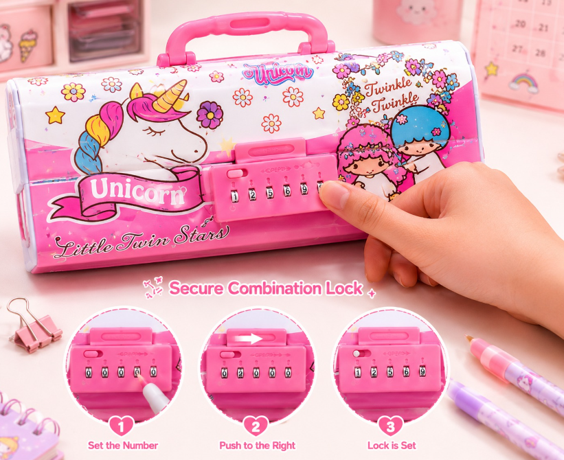 Pink pencil case with unicorn design and combination lock, held by a hand.