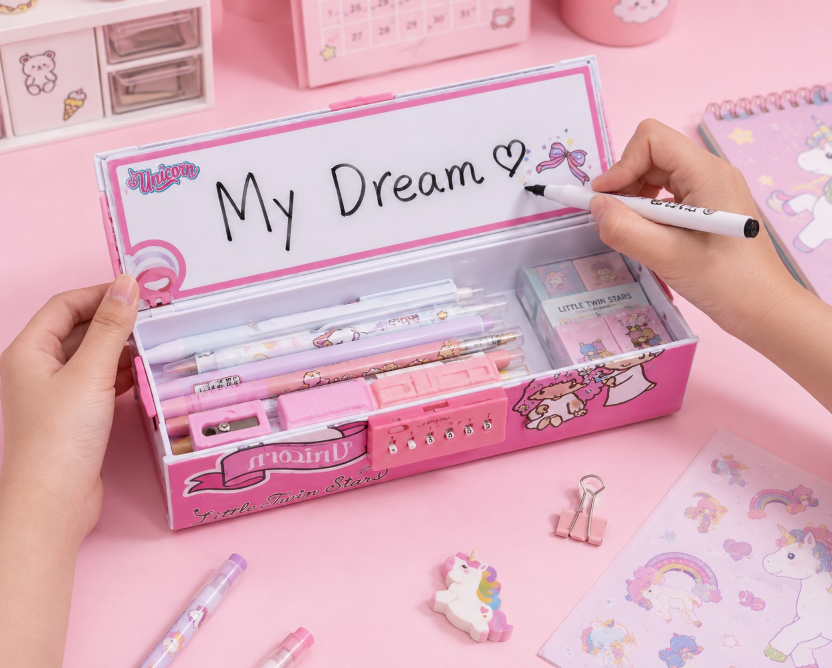 Pink stationery set with 'My Dream' text on a pink background