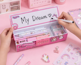 Pink stationery set with 'My Dream' text on a pink background