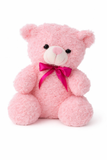 Pink teddy bear with a pink bow on a white background