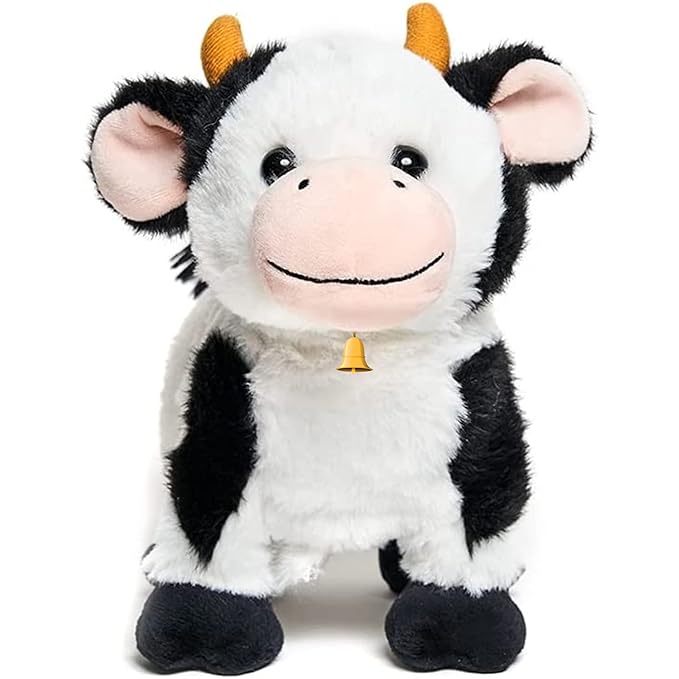 Plush cow toy with black and white pattern 