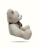 Plush teddy bear with a brown bow on a white background