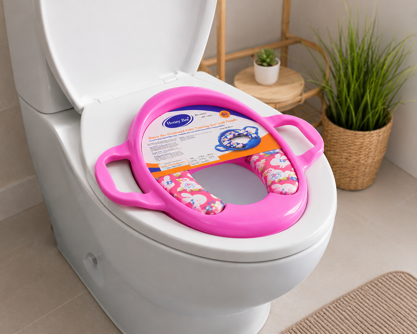 Honey Bee cushioned potty training seat properly fitted on modern western toilet seat