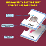 Puzzle with a mouse illustration and text highlighting features on a red background