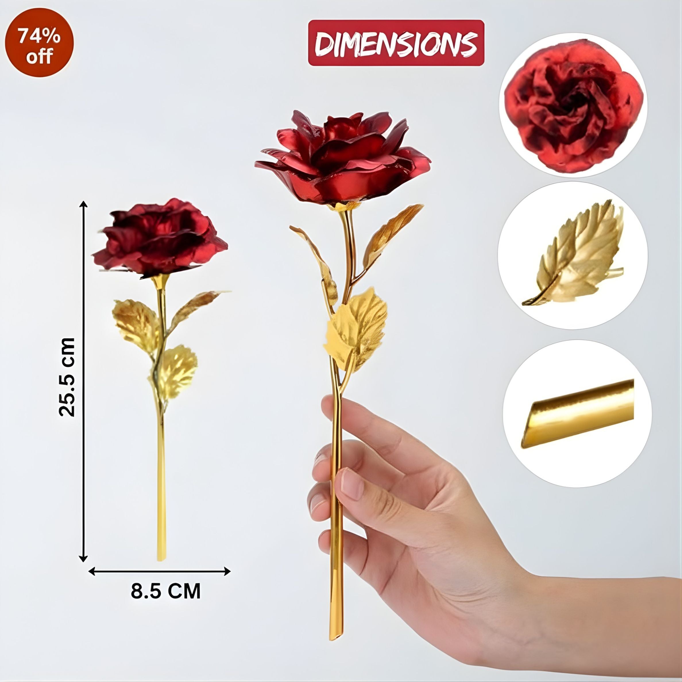 Red rose with gold stem held by a hand, dimensions displayed, and close-up of rose and stem.