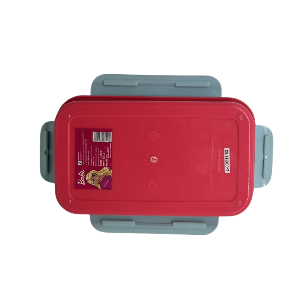 Red storage container with gray lid on a white background