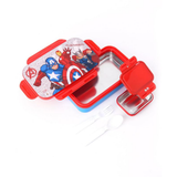 Red superhero-themed container with character illustrations on a white background