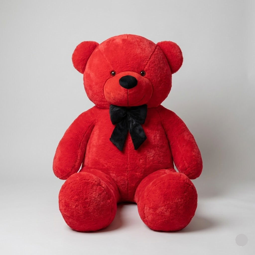 Red teddy bear with a black bow tie on a light gray background