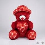 Red teddy bear with a heart design on a white background